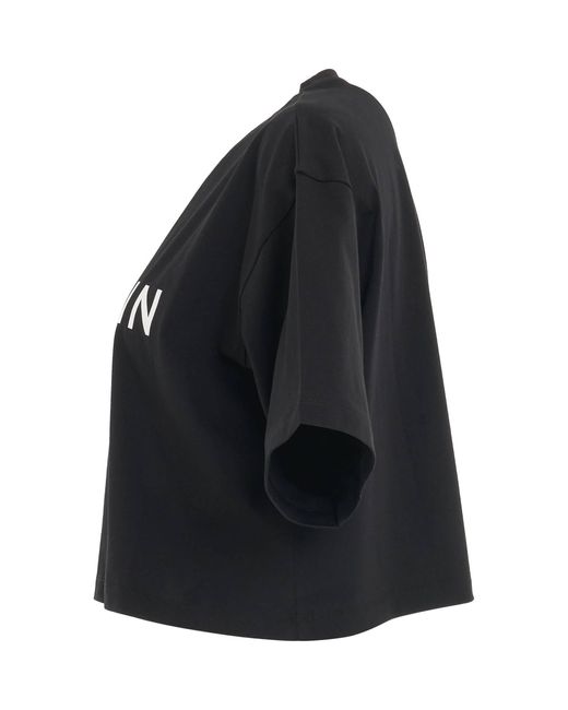 Balmain Blue Cropped Print Logo Eco T-Shirt, Round Neck, Short Sleeves, 100% Cotton