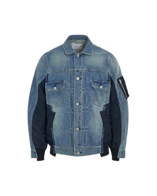 Sacai Blue X Denim X Nylon Twill Bomber Jacket, Long Sleeves, Light, 100% Cotton for men