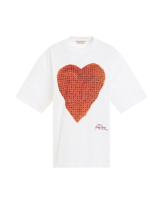 Marni White Heart Print T-Shirt, Round Neck, Short Sleeves, Lily, 100% Cotton