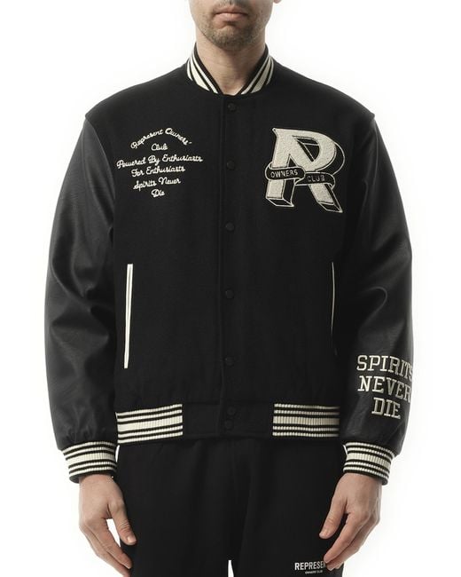 Represent Black Owners Club Varsity Bomber Jacket, 100% Leather, Size: Large for men