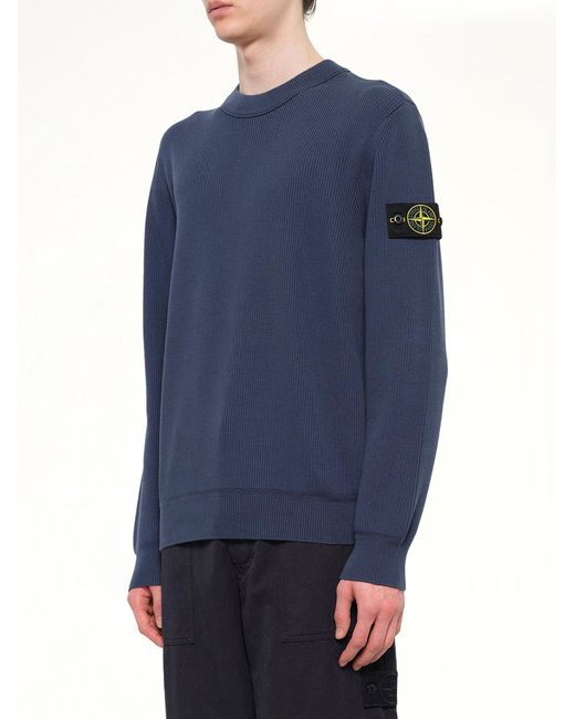 Stone Island Blue 5100154 Ribbed Cotton Crewneck Sweater for men