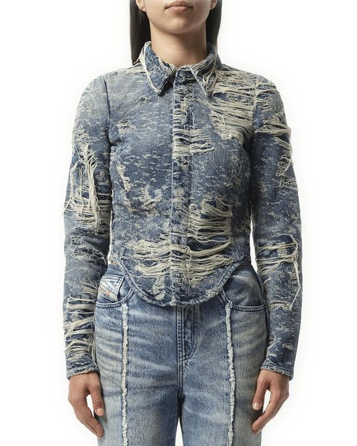 DIESEL Blue De-Madeline Distressed Denim Shirt, 100% Cotton, Size: Small