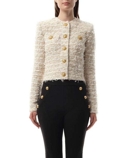 Balmain Multicolor 2 Pockets Buttoned Tweed Knit Crop Jacket, 100% Polyester