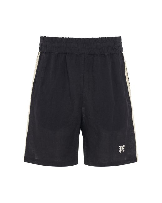 Palm Angels Blue Monogram Embroidered Track Shorts, , 100% Linen, Size: Medium for men