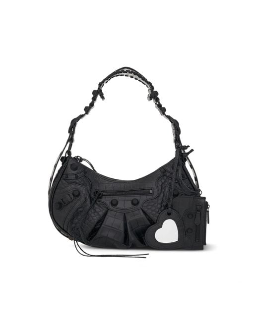 Balenciaga Leather Le Cagole Embossed Croco Shoulder Bag Small In Black ...