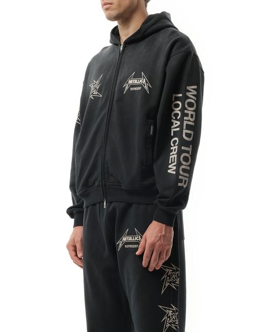 Represent Black Metallica 40 Year Anniversary Zip-Up Hoodie, Long Sleeves, 100% Cotton, Size: Medium for men