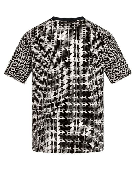 Balmain Gray Monogram Jacquard Signature Label T-Shirt, Short Sleeves, 100% Cotton for men