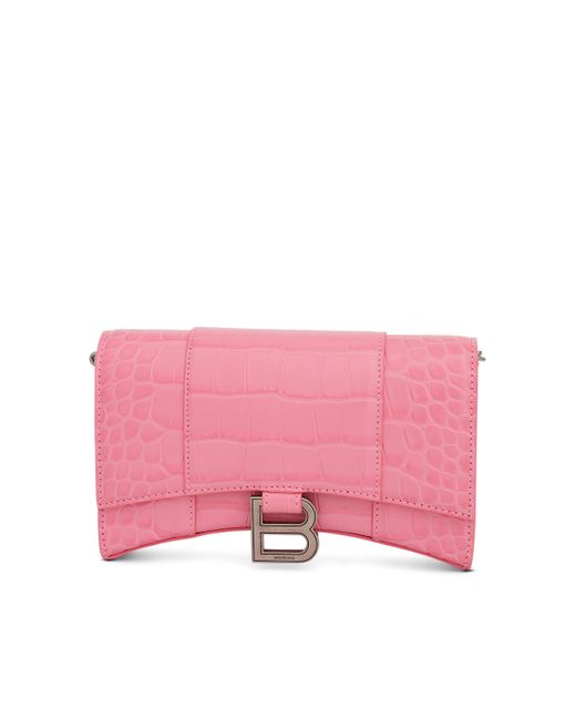 Balenciaga Pink Hourglass Embossed Croco Wallet On Chain, Sweet, 100% Leather