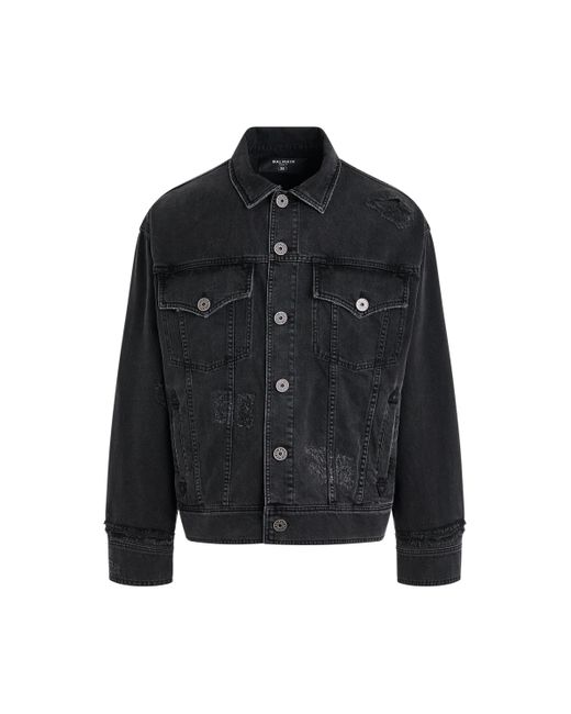 Balmain Black Rip & Repair Denim Jacket, Long Sleeves, Washed, 100% Cotton for men