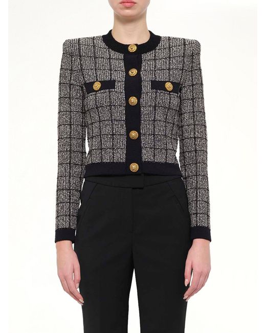 Balmain Gray Round Collar Light Tweed Knit Cardigan