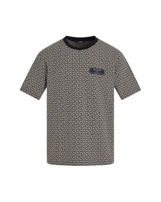 Balmain Gray Monogram Jacquard Signature Label T-Shirt, Short Sleeves, Ivory/, 100% Cotton, Size: Medium for men