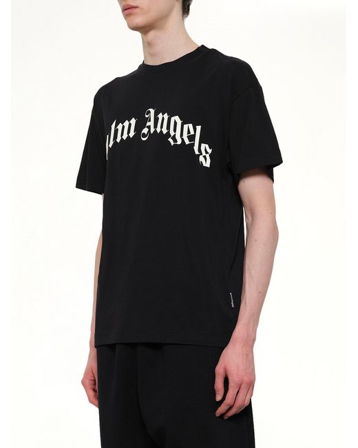 Palm Angels Black Curved Logo Regular T-Shirt for men