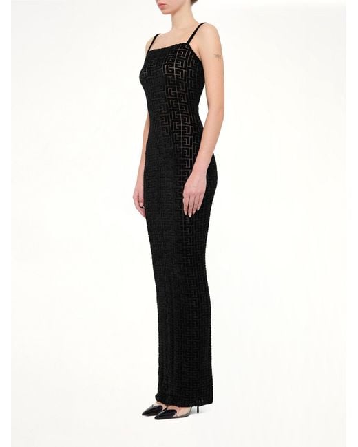 Balmain Black Thin Straps Velvet Monogram Long Dress