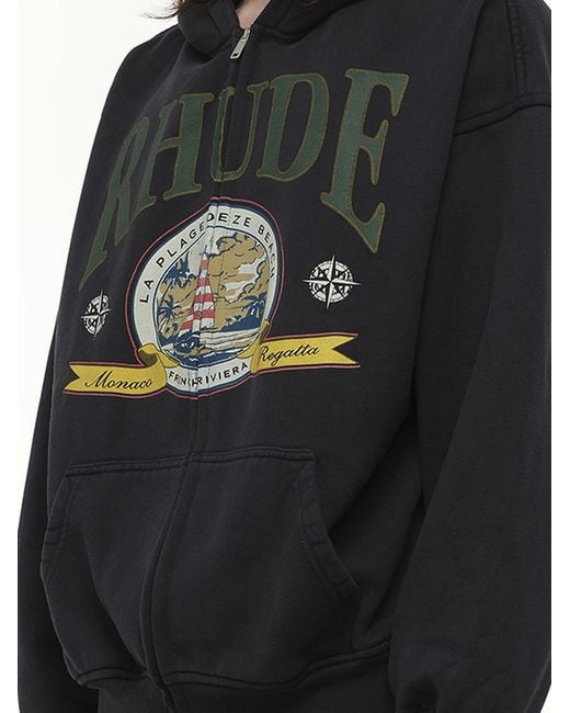 Rhude Black Monaco Regatta Full-Zip Hoodie, 100% Cotton, Size: Medium for men