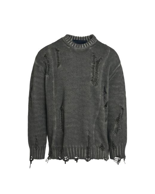 Juun.J Gray Damaged Garment Dyed Sweater, Long Sleeves, , 100% Cotton, Size: Large for men