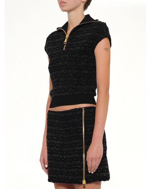 Balmain Black Zipped Short Sleeve Knit Tweed Top