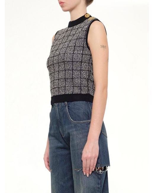 Balmain Blue Sl 3 Buttons Knit Light Tweed Top
