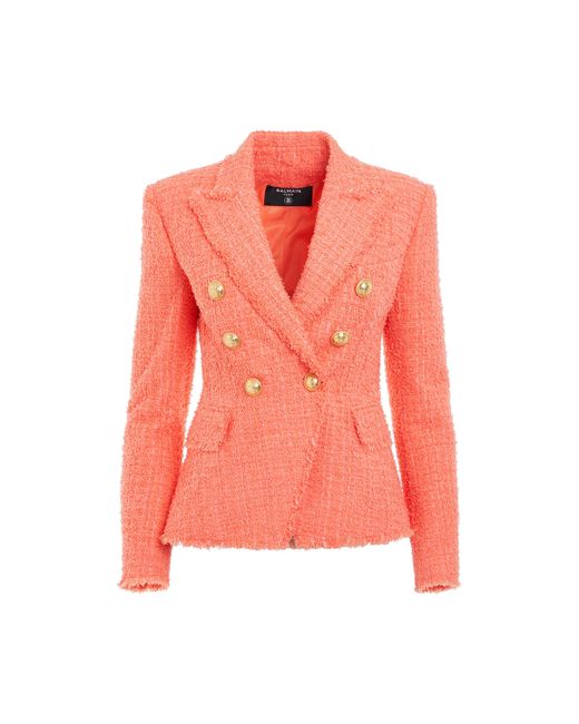 Balmain Pink 6 Buttons Double Breasted Tweed Jacket, Long Sleeves, , 100% Cotton
