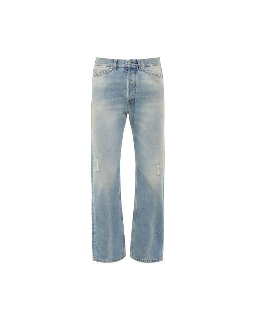 Palm Angels Blue Monogram Embroidered Loose 5 Pockets Denim Jeans, Light, 100% Cotton for men