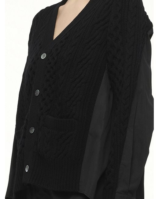 Sacai Black X Wool Knit X Cotton Poplin Cardigan, 100% Wool
