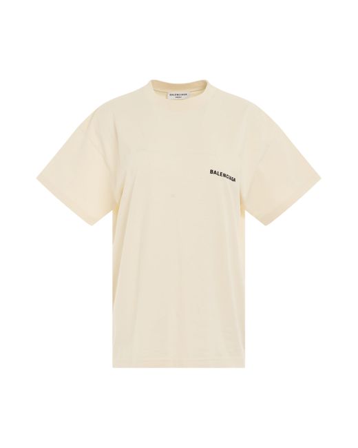 Balenciaga Natural Back Logo Medium Fit T-Shirt, Round Neck, Short Sleeves, Cream/, 100% Cotton
