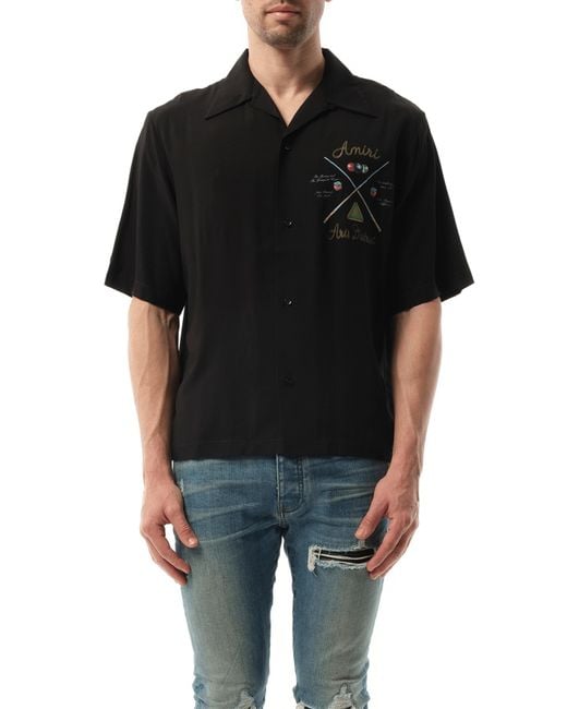 Amiri Black Pool Cue Bowling Shirt, Short Sleeves, 100% Viscose, Size: Large for men
