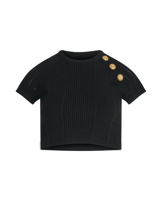Balmain Black 3 Button See Through Knit Crop Top, Short Sleeves, , 100% Polyester