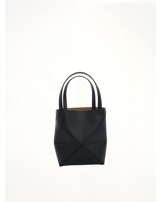 Loewe Mini Puzzle Fold Tote Bag In Calfskin In Black