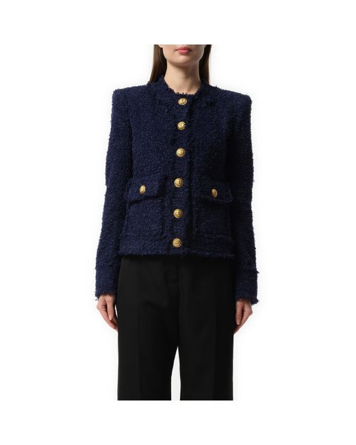 Balmain Blue Collarless 2 Pocket Tweed Jacket, Long Sleeves, Midnight, 100% Polyamide