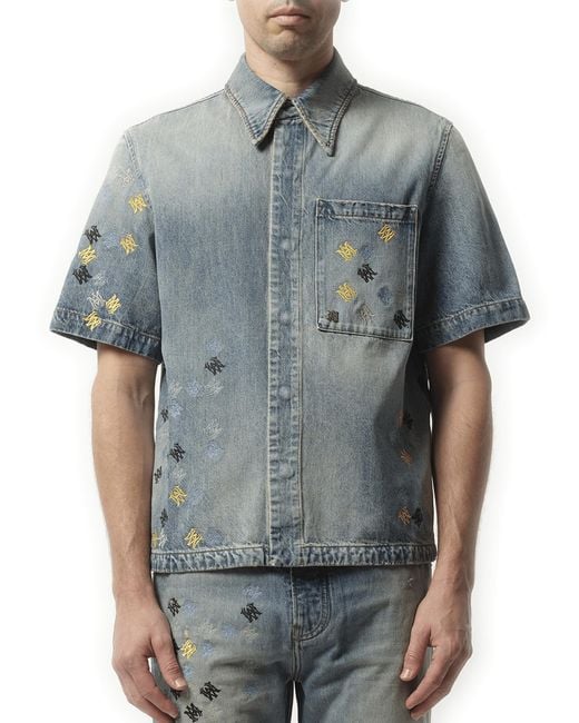 Amiri Blue Ma Quad Embroidered Shirt, 100% Cotton, Size: Medium for men