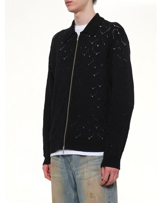 vowels Black Eyelet Knitted Zip Up for men