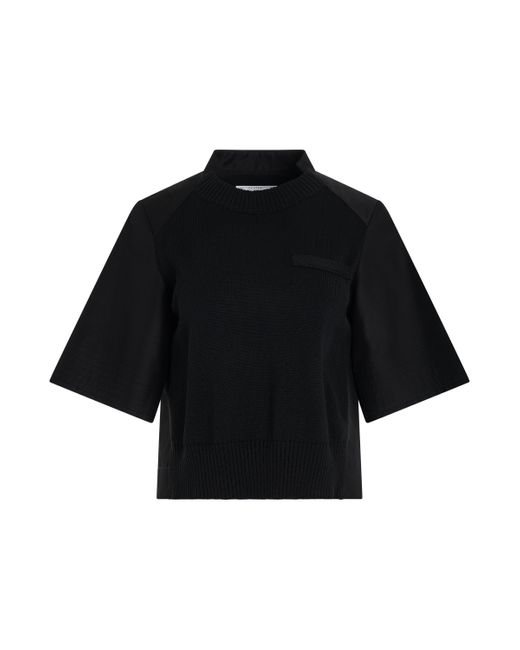 Sacai Black X Cotton Gabardine X Knit Pullover, Short Sleeves, , 100% Cotton