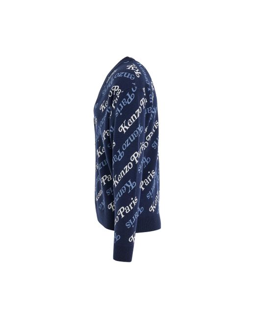 KENZO Blue By Verdy All-Over Logo Cardigan, Long Sleeves, Midnight, 100% Cotton for men