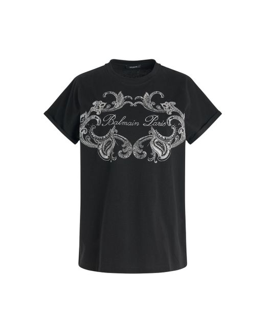 Balmain Black 'Signature Paisley Print T-Shirt, Short Sleeves, /Ivory, 100% Cotton, Size: Small