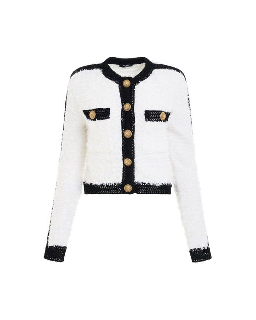 Balmain White 2 Pockets Tweed Knit Cropped Jacket, Round Neck, Long Sleeves, /, 100% Cotton