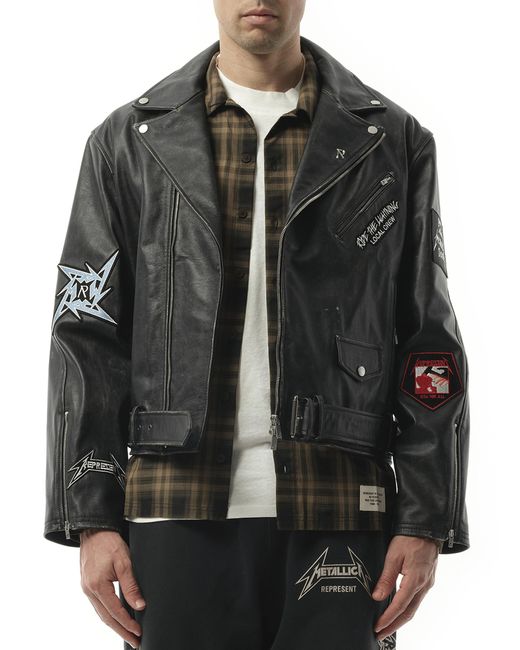 Represent Black Metallica Leather Jacket, Long Sleeves, 100% Leather, Size: Small for men