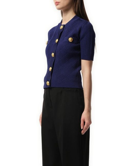 Balmain Blue Buttoned 2 Pockets Vichy Knit Cardigan, Short Sleeves, 100% Polyester