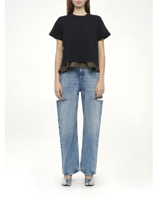 Sacai Black X Nylon Twill X Cotton Jersey T-Shirt, 100% Cotton