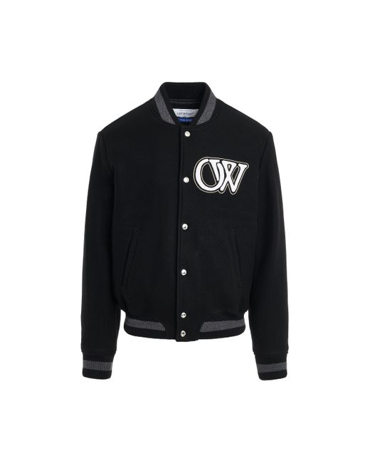 Off-White c/o Virgil Abloh Black Off- 'Logo Embroidered Wool Varsity Bomber Jacket, Long Sleeves, /, Size: Small for men