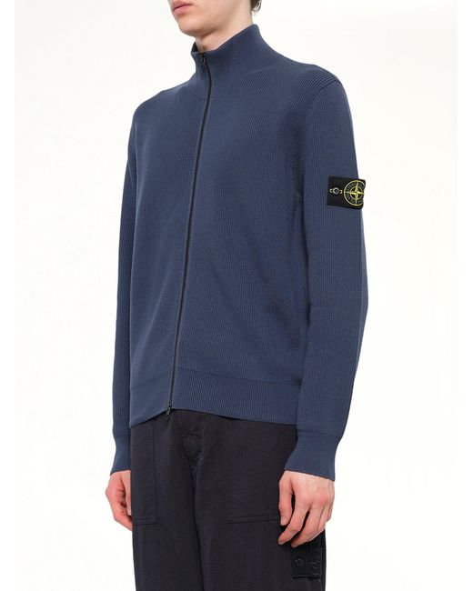 Stone Island Blue 5100126 Ribbed Cotton Zip-Up Cardigan for men