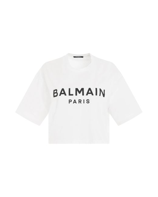 Balmain White 'Logo Print Cropped T-Shirt, Round Neck, Short Sleeves, , 100% Cotton, Size: Small