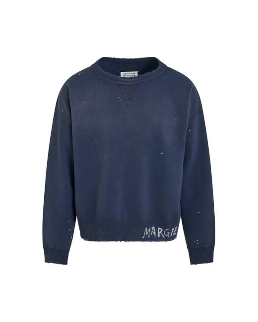 Maison Margiela Blue 'Open Neck Logo Sweatshirt, Round Neck, Long Sleeves, Washed, 100% Cotton, Size: Small for men