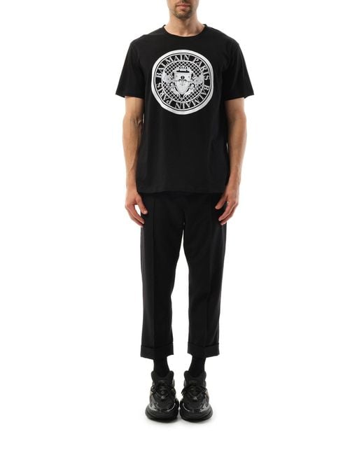 Balmain Black Coin Flock Reg Fit T-Shirt, Round Neck, Short Sleeves, 100% Cotton, Size: Medium for men