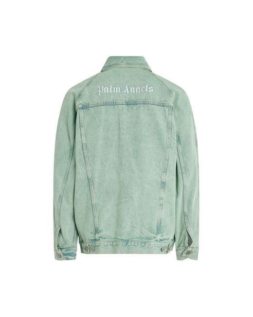 Palm Angels Green 'Overdye Logo Loose Denim Jacket, Long Sleeves, Mint/Off, 100% Cotton, Size: Small for men