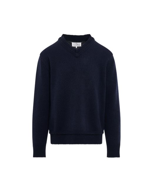 Maison Margiela Blue Elbow Patch V-Neck Knit Sweater, Long Sleeves, , 100% Cotton, Size: Medium for men