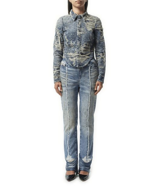 DIESEL Blue De-Madeline Distressed Denim Shirt, 100% Cotton, Size: Small
