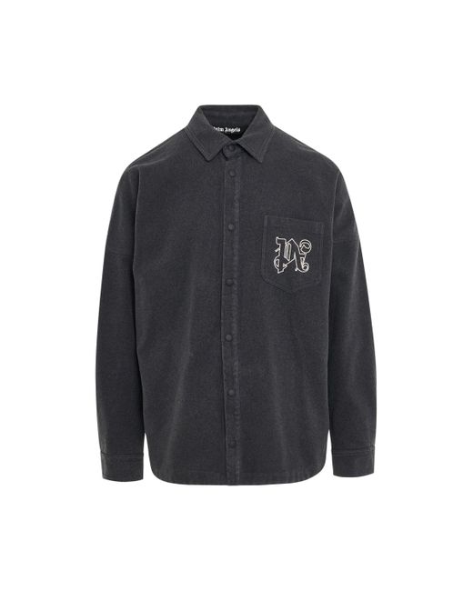 Palm Angels Blue Monogram Print Overshirt, Long Sleeves, , 100% Cotton for men