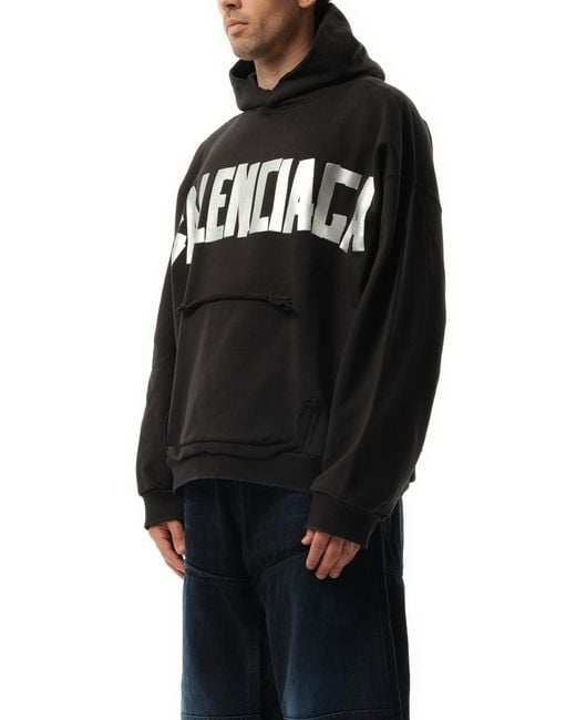【BALENCIAGA】ブラック Tape Type リップドポケット フーディ Tape Type Ripped Pocket Hoodie Oversized in Black Faded