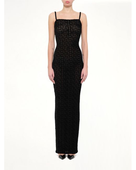 Balmain Black Thin Straps Velvet Monogram Long Dress