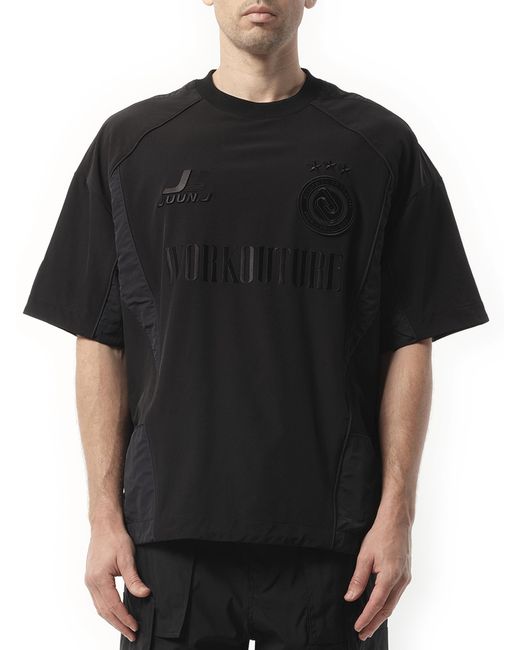 Juun.J Black Tricot Soccer Jersey Short Sleeve Shirt, 100% Polyester, Size: Small for men